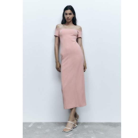 ZARA Off Shoulder TOPSTITCHED MIDI DRESS PALE PINK - Picture 2 of 13